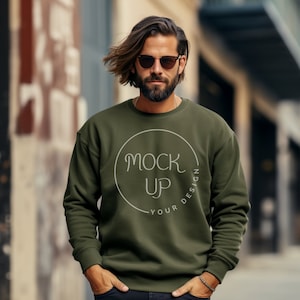 Man Gildan 18000 Military Green Sweatshirt Mockup (Digital Download)