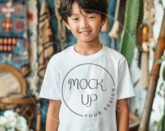 Asian Boy T-shirt Mockup: White Gildan 64000b (Digital Download)