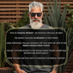 Puede incluir: Texto superpuesto en una foto de una persona con barba y gafas de sol. El texto dice: "Este es un producto digital - no se enviar&aacute; ning&uacute;n art&iacute;culo f&iacute;sico. El paquete incluye maquetas de IA en formato PNG. Una vez comprado, recibir&aacute;s un archivo PDF con el enlace a la carpeta de Google Drive del paquete. Tienes acceso de por vida a la carpeta de Google Drive, donde se a&ntilde;aden nuevas maquetas semanalmente. Echa un vistazo a nuestra tienda de Etsy para ver el contenido del paquete."