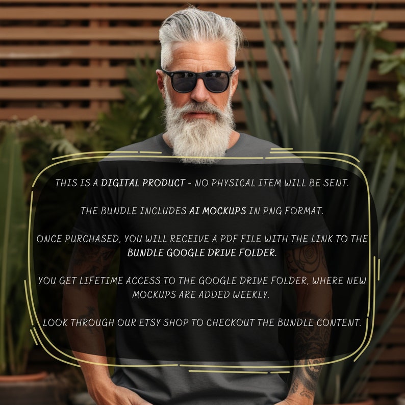 Puede incluir: Texto superpuesto en una foto de una persona con barba y gafas de sol. El texto dice: "Este es un producto digital - no se enviar&aacute; ning&uacute;n art&iacute;culo f&iacute;sico. El paquete incluye maquetas de IA en formato PNG. Una vez comprado, recibir&aacute;s un archivo PDF con el enlace a la carpeta de Google Drive del paquete. Tienes acceso de por vida a la carpeta de Google Drive, donde se a&ntilde;aden nuevas maquetas semanalmente. Echa un vistazo a nuestra tienda de Etsy para ver el contenido del paquete."