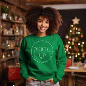 African American Woman Irish Green Gildan 18000 Mockup Irish Green Gildan 18000 Sweatshirt Mockup Black Woman Gildan 18000 Christmas Mockup