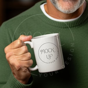 White Mug Mockup: Middle Aged Man Holding Mug (Digital Download)