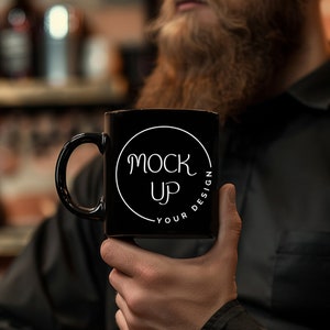 Black Coffee Mug Mockup: Bearded Man Holding Mug (Digital Download)