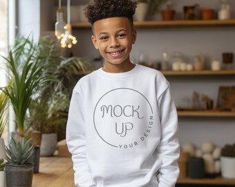 Black Boy White Gildan 18000B Kids Mockup Diverse Crewneck Mock-ups, Children Unisex G18000B Sweatshirt