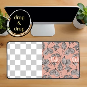 May include: A black and gray mousepad with a checkered pattern on the left side and a floral pattern on the right side. The floral pattern features pink flowers and gray leaves on a light pink background. The text "drag & drop" is written in a white circle on a black background.