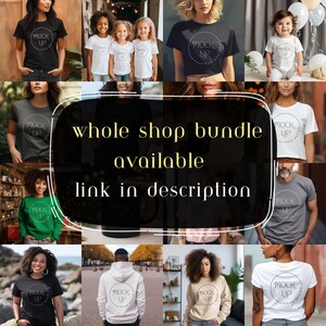 Peut inclure: Un collage d'images pr&eacute;sentant divers v&ecirc;tements avec le texte "MOCK UP" dessus. Le texte "whole shop bundle available link in description" est superpos&eacute; aux images.