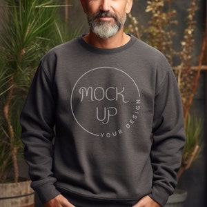 Middle Aged Man Dark Heather Gildan 18000 Mockup Dark Heather Gildan 18000 Sweatshirt Mockup Middle Aged Man Gildan 18000 Mockup