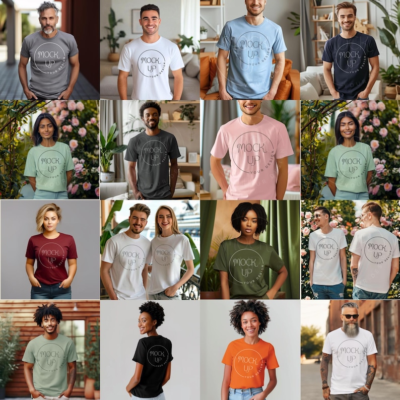 Puede incluir: Un collage de 16 im&aacute;genes con personas que llevan diferentes camisetas con el texto "MOCK UP" impreso en ellas. Las camisetas son de diferentes colores y estilos, incluyendo blanco, negro, gris, azul, verde, rosa y rojo. Las personas son de diferentes edades, g&eacute;neros y etnias.