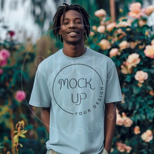 Bella Canvas 3001 Mockup: Black Man, Baby Blue Tee (Digital Download)