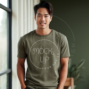 Bella Canvas 3001 Mockup: Asian Man, Military Green (Digital Download)