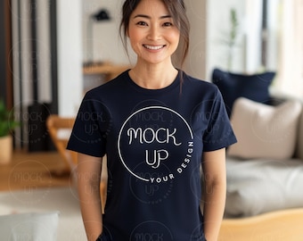 Asian Woman Navy Gildan 64000 T-Shirt Mockup (Digital Download)