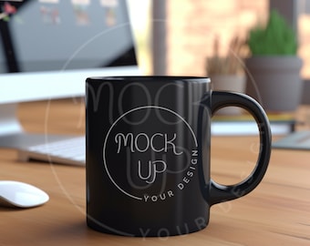 Maqueta de taza de café negra: Escena de escritorio (Descarga digital)