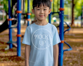 Gildan 64000b Light Blue T-Shirt Mockup: Asian Boy at Playground (Digital Download)