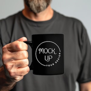 Black Coffee Mug Mockup: Bearded Man Holding Mug (Digital Download)