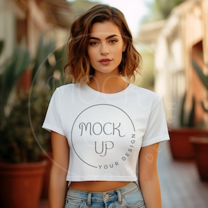 Woman White Bella Canvas 8882 Mockup Woman Bella Canvas 8882 White Mockup Woman White Cropped Top Mockup Bella Canvas 8882 Mockup White