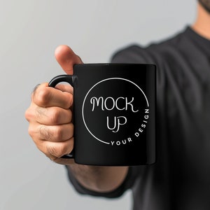 Black Coffee Mug Mockup: Bearded Man Holding Mug (Digital Download)