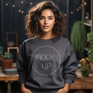 Woman Charcoal Gildan 18000 Sweatshirt Mockup (Digital Download)