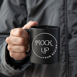 Black Coffee Mug Mockup: Bearded Man Holding Mug (Digital Download)