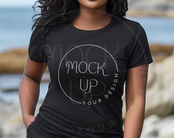 Black Woman Black Gildan 5000L Mockup Black Gildan 5000L Mockup Black African American Woman Gildan 5000L Mockup