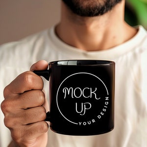 Black Coffee Mug Mockup: Bearded Man Holding Mug (Digital Download)
