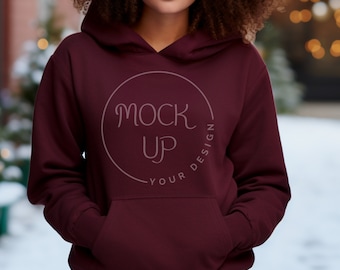 Maroon Gildan 18500 Sweatshirt Mockup: Black Woman (Digital Download)