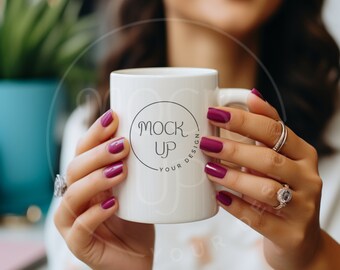 Engaged Woman White Mug Mockup: Coffee Mug Mock Up (Digital Download)