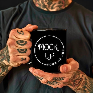 Black Coffee Mug Mockup: Bearded Man Holding Mug (Digital Download)