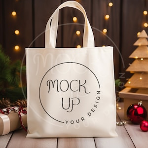 クリスマストートバッグのモックアップ：キャンバスショッピングバッグ（デジタルダウンロード）