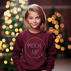 Girl Maroon Christmas Sweatshirt Mockup: Gildan 18000B (Digital Download)