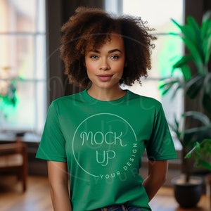 Bella Canvas 3001 Mockup: Black Woman in Kelly Green Shirt (Digital Download)