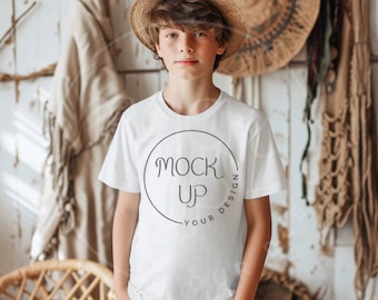 Boho Boy White T-shirt Mockup: Gildan 64000b Crewneck (Digital Download)