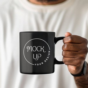 Black Coffee Mug Mockup: Bearded Man Holding Mug (Digital Download)
