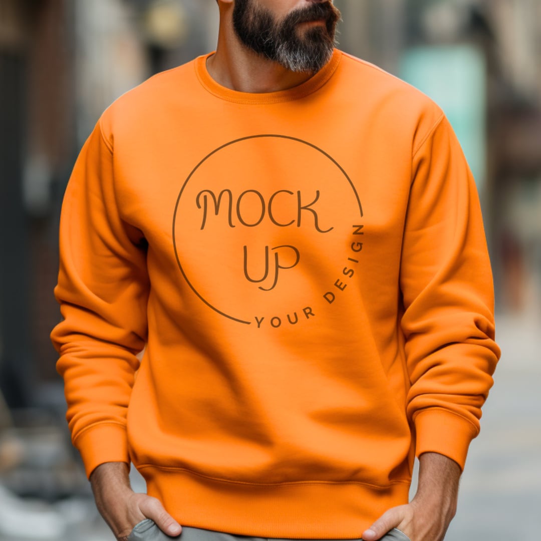 Man Safety Orange Gildan 18000 Mockup Gildan 18000 Safety Orange Mockup