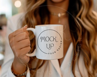 White Coffee Mug Mockup: Woman Holding Mug (Digital Download)