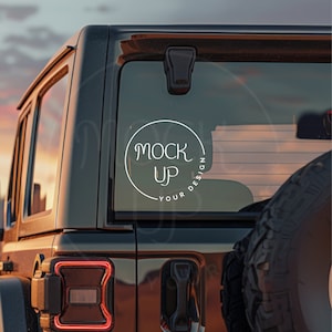 May include: Black Jeep with a white sticker on the back window that says "Mock Up Your Design" in a circle.