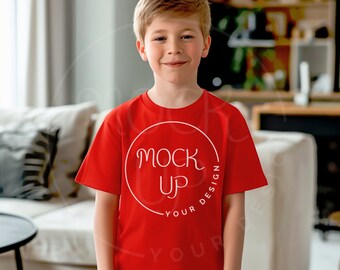Red Gildan 64000b Boy's T-Shirt Mockup (Digital Download)
