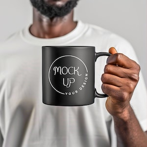 Black Coffee Mug Mockup: Bearded Man Holding Mug (Digital Download)