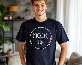 Navy Gildan 64000 Mockup: Young Man T-Shirt (Digital Download)
