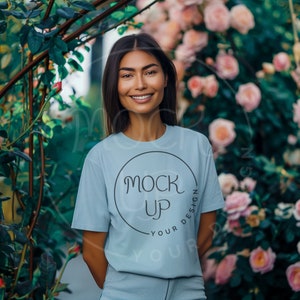 Latina Woman Bella Canvas 3001 Baby Blue Tee Mockup (Digital Download)