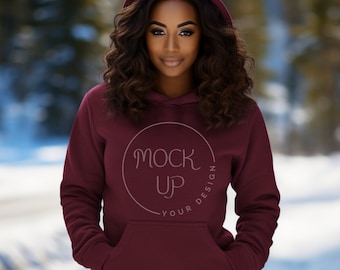 Maroon Gildan 18500 Sweatshirt Mockup: Black Woman Model (Digital Download)