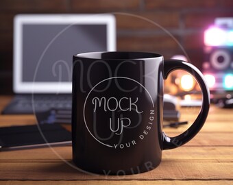 Gamer Schwarz Kaffee Tasse Mockup: Schreibtisch Szene (Digitaler Download)