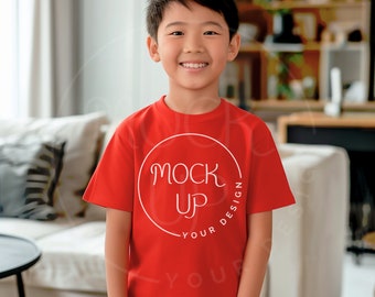Red Gildan 64000b T-Shirt Mockup: Asian Boy Crewneck (Digital Download)