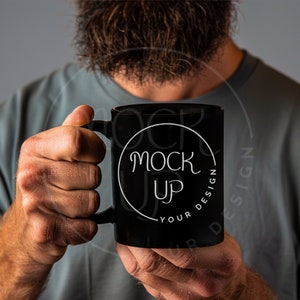 Black Coffee Mug Mockup: Bearded Man Holding Mug (Digital Download)