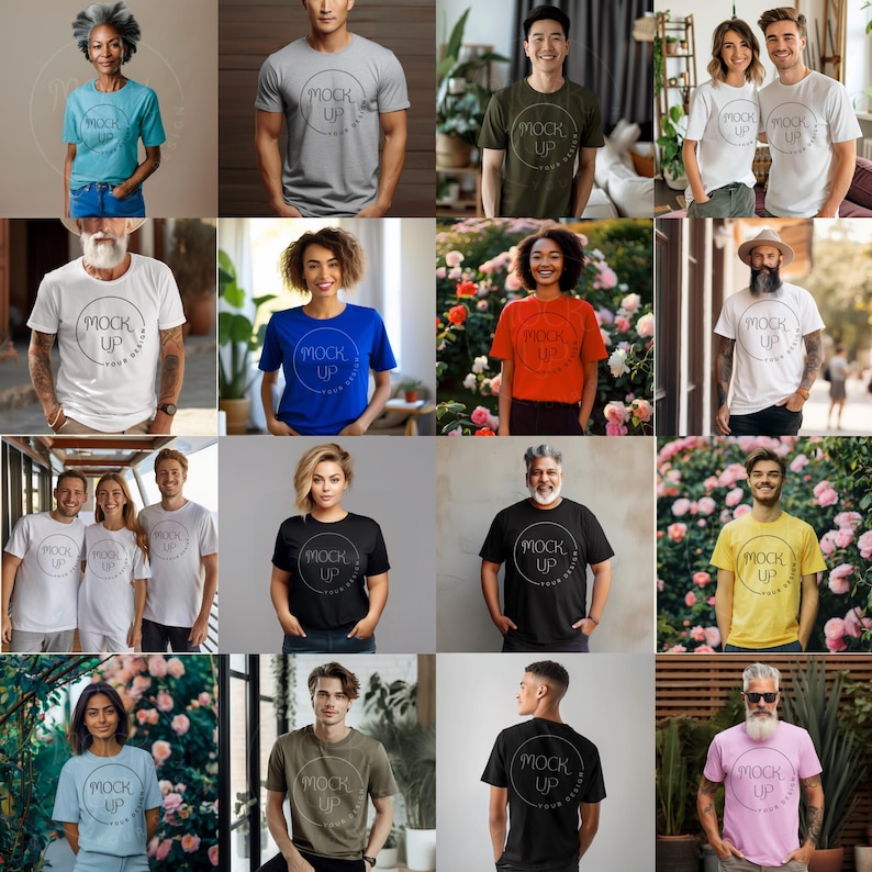 Puede incluir: Un collage de 12 personas diferentes que llevan camisetas con el texto "Mock Up" impreso en ellas. Las camisetas son de varios colores, incluyendo blanco, negro, azul, rojo, amarillo y verde. Las personas est&aacute;n de pie en diferentes poses y entornos, incluyendo un jard&iacute;n, una sala de estar y un pasillo.