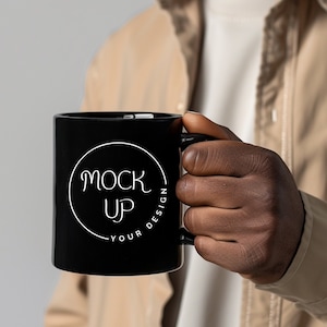 Black Coffee Mug Mockup: Bearded Man Holding Mug (Digital Download)