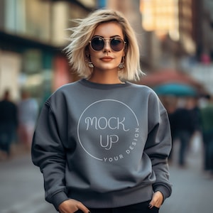 Woman Charcoal Gildan 18000 Sweatshirt Mockup (Digital Download)