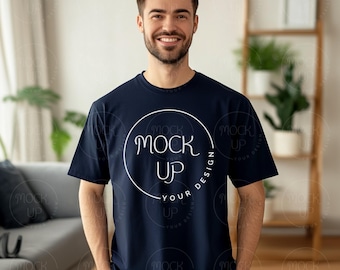 Navy Gildan 64000 Mockup: AI Generated Man T-Shirt (Digital Download)