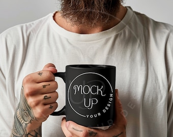 Bearded Man Holding Black Mug Mockup: Father's Day Design (Digital Download)