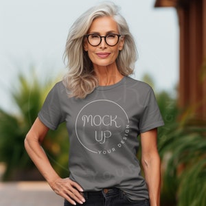 Senior Woman Asphalt Gildan 64000 T-shirt Mockup (Digital Download)