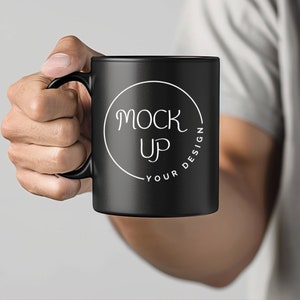 Black Coffee Mug Mockup: Bearded Man Holding Mug (Digital Download)